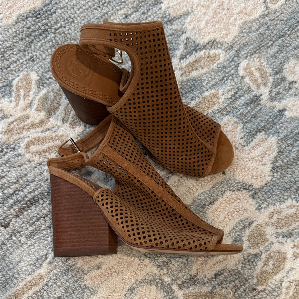 Tory Burch Tan Perforated Block Heel Sandals